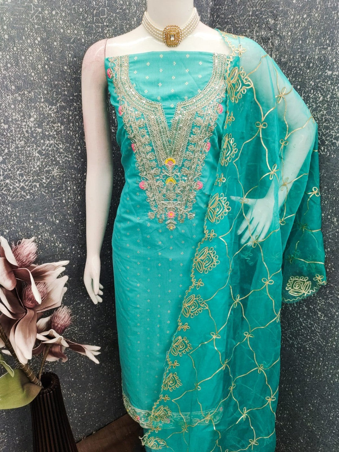 Turquoise Chanderi Cotton Dress Material Featuring Intricate Thread Embroidery - Image 3