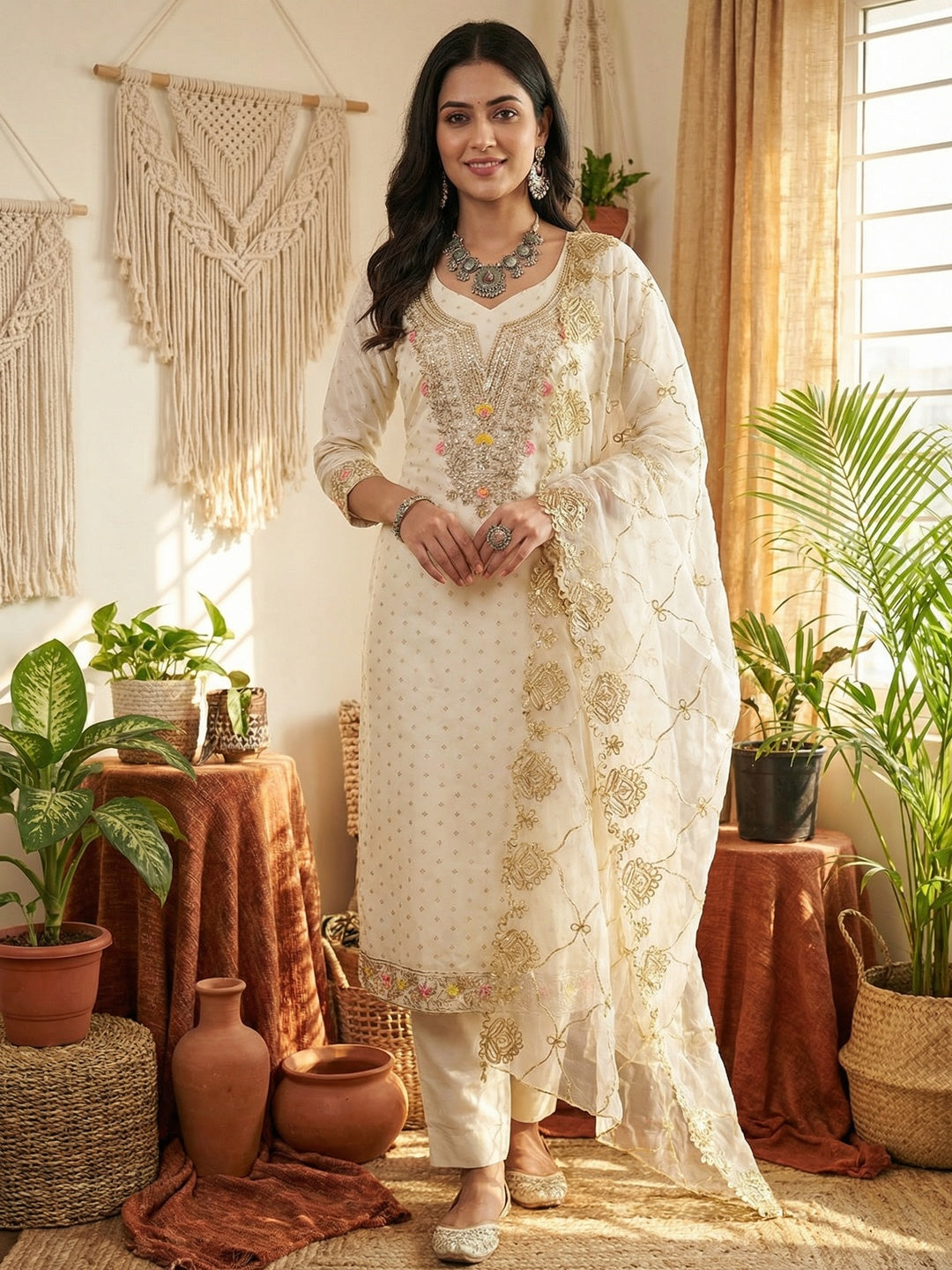 Off White Chanderi Dress Material Featuring Intricate Thread Embroidery - Image 1