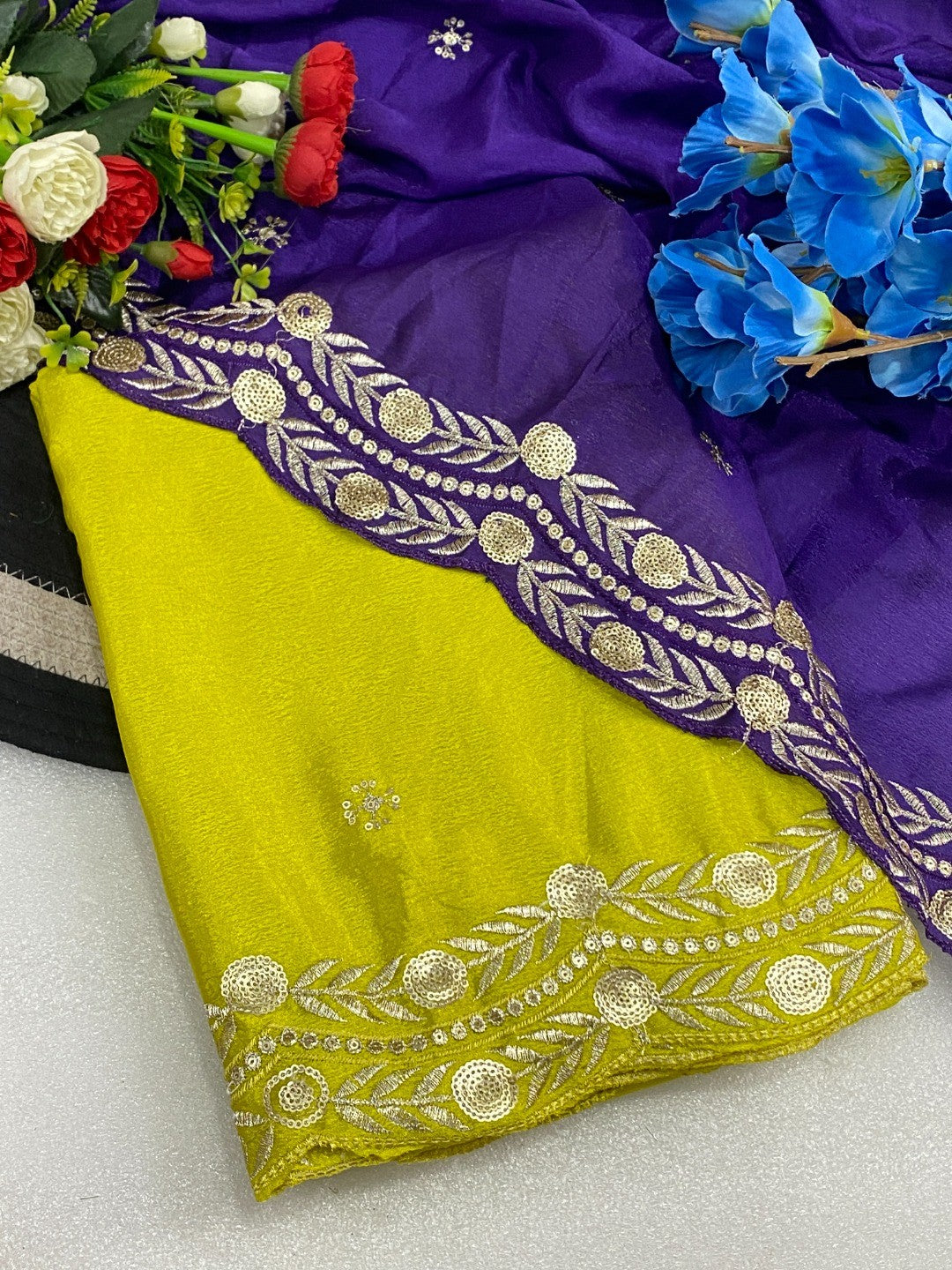 Charming Chartreuse Yellow Georgette Saree Enhanced With Intricate Floral Sequins Embroidery - Image 3