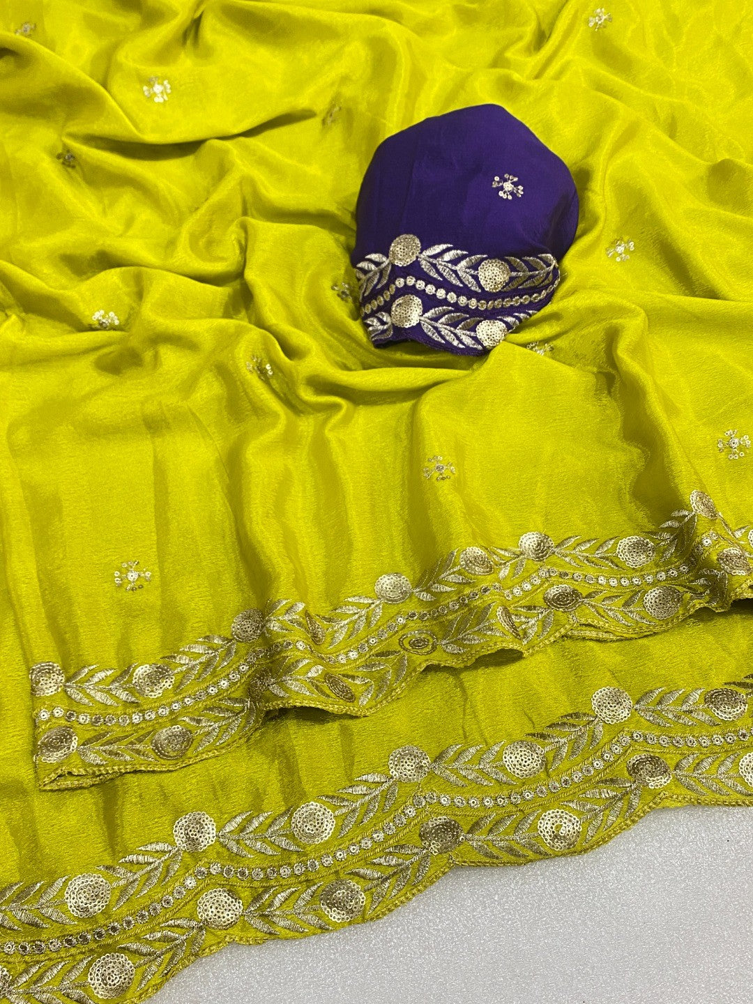 Charming Chartreuse Yellow Georgette Saree Enhanced With Intricate Floral Sequins Embroidery - Image 2