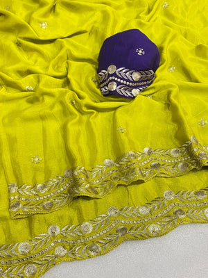 Charming Chartreuse Yellow Georgette Saree Enhanced With Intricate Floral Sequins Embroidery - Image 2