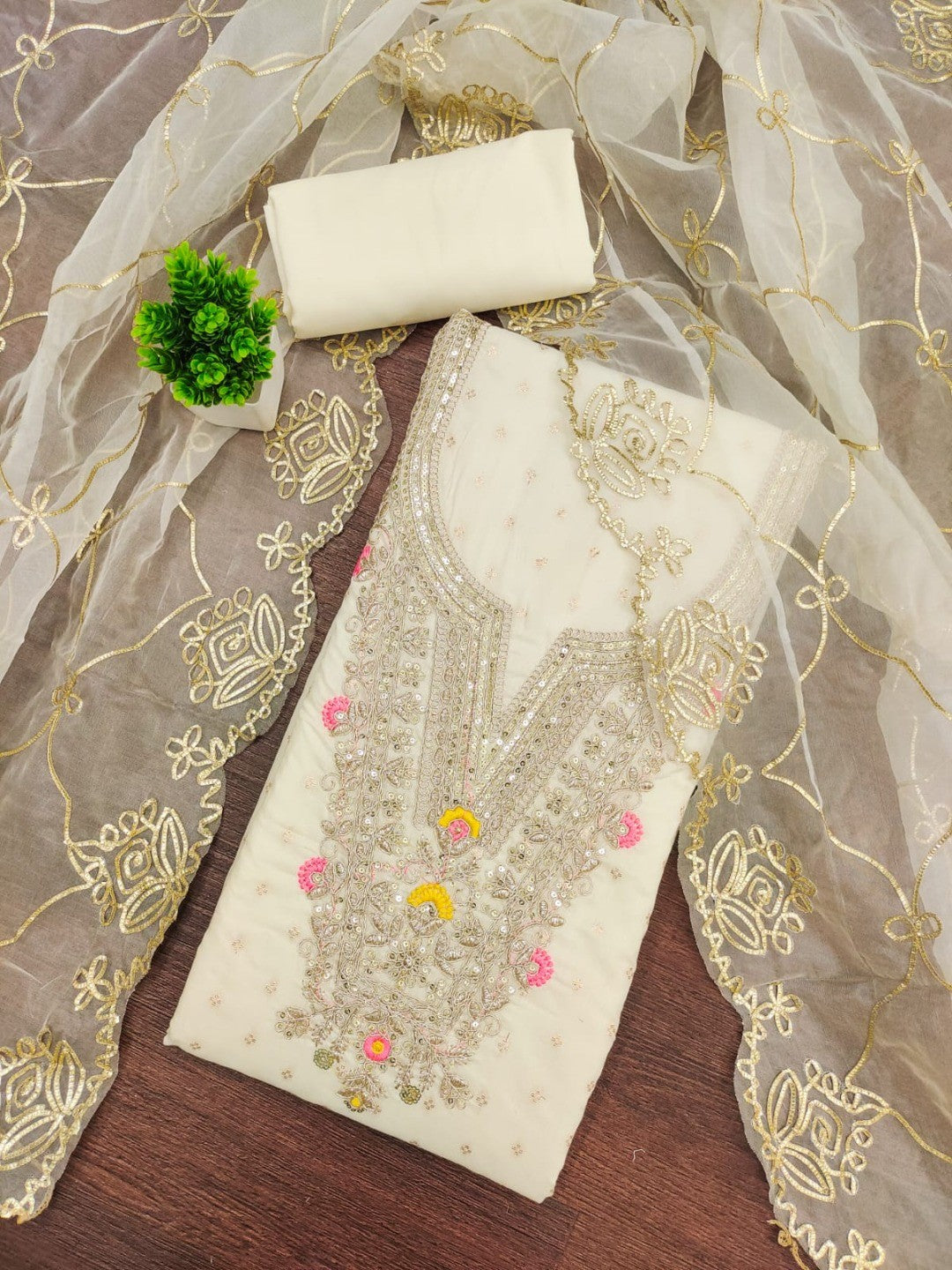 Off White Chanderi Dress Material Featuring Intricate Thread Embroidery - Image 2