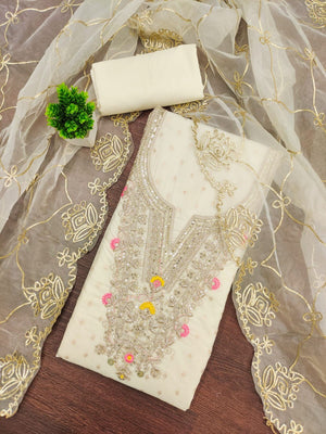 Off White Chanderi Dress Material Featuring Intricate Thread Embroidery - Image 2