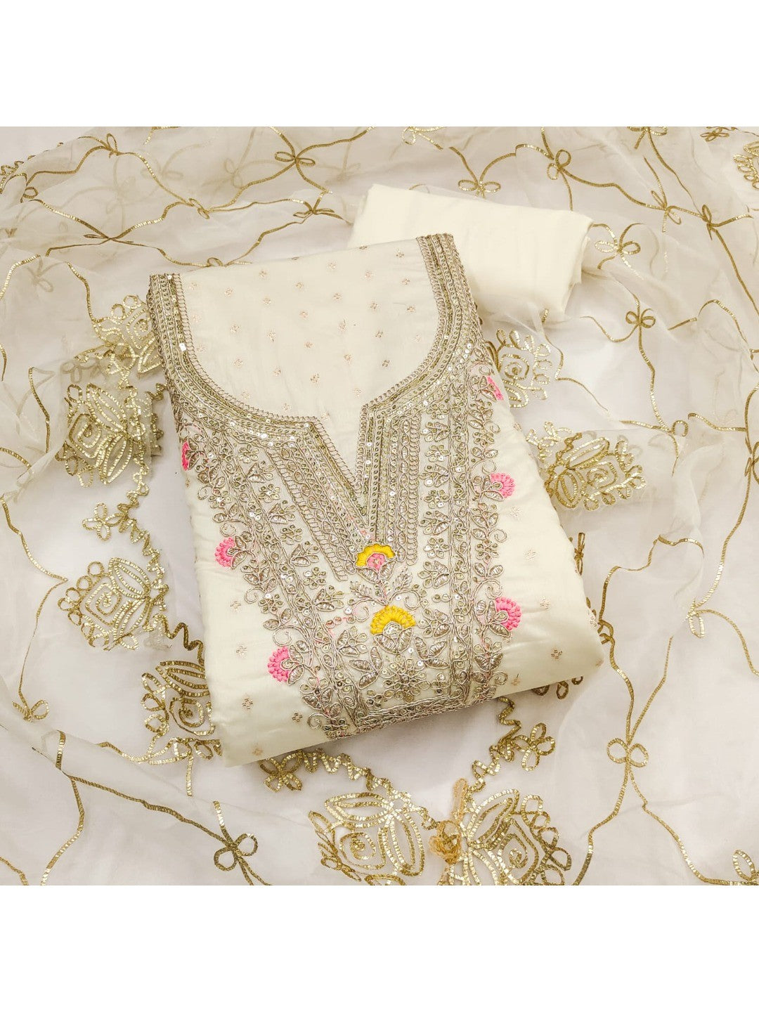 Off White Chanderi Dress Material Featuring Intricate Thread Embroidery - Image 3