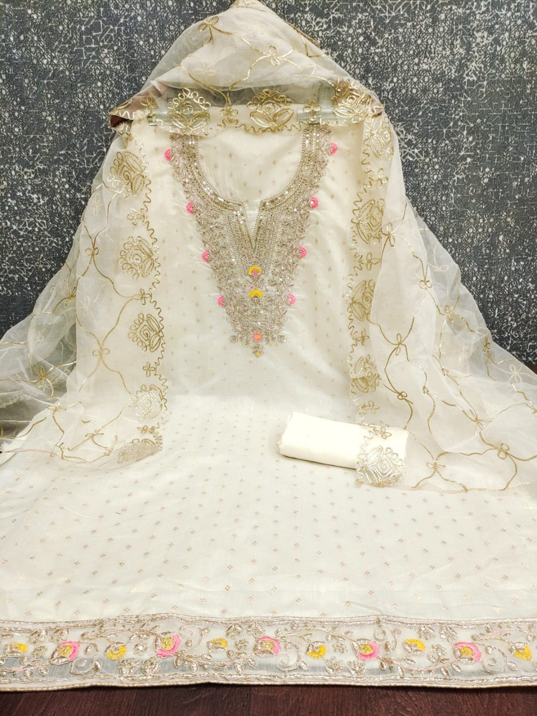 Off White Chanderi Dress Material Featuring Intricate Thread Embroidery - Image 2