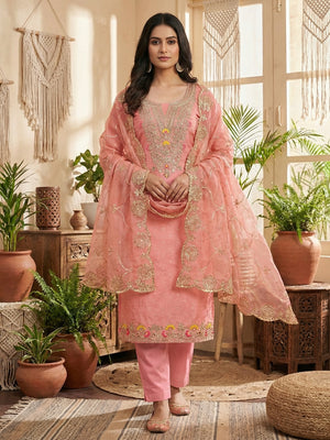 Peach Chanderi Dress Material Featuring Intricate Thread Embroidery - Image 2