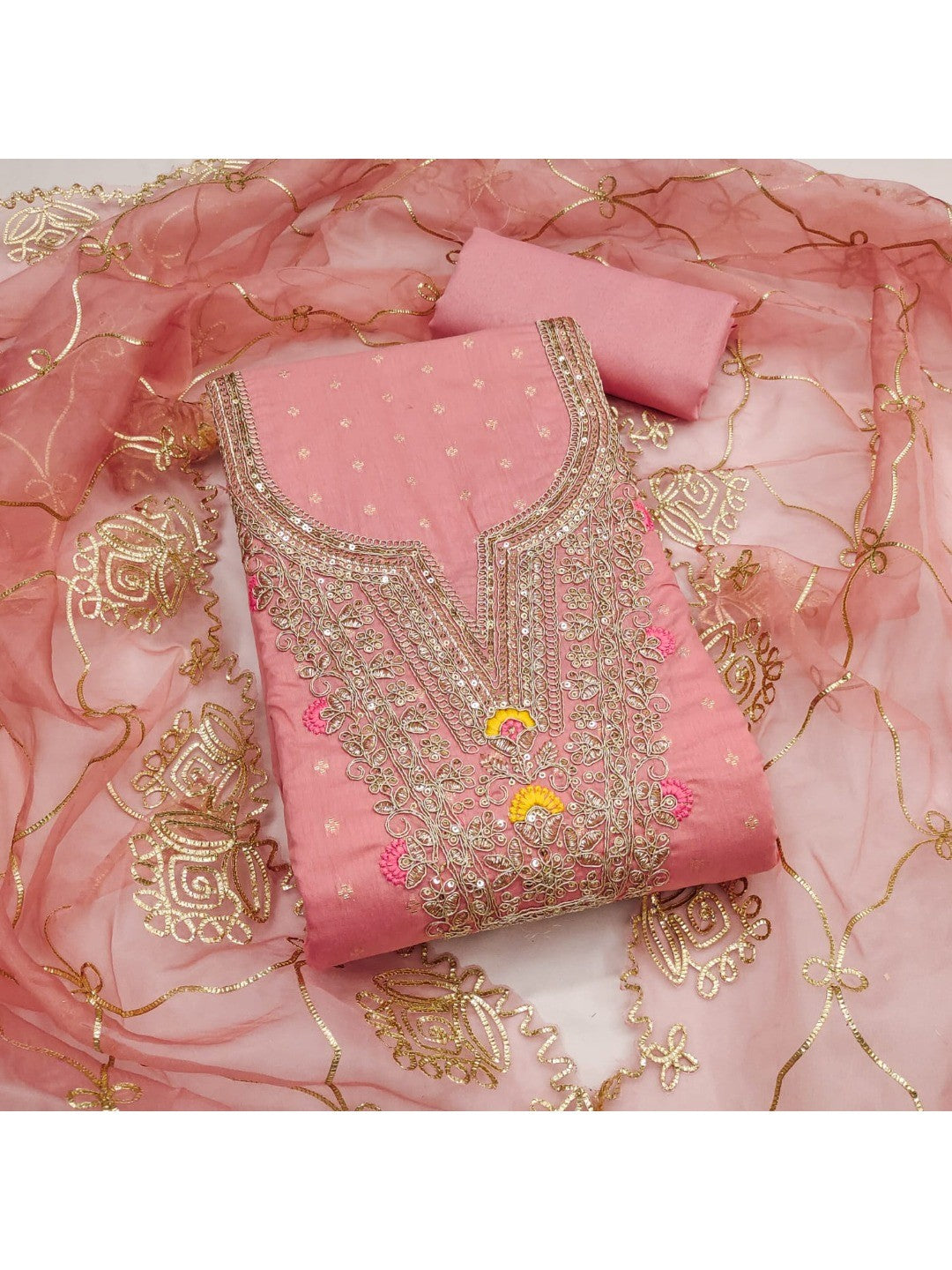 Peach Chanderi Dress Material Featuring Intricate Thread Embroidery - Image 1