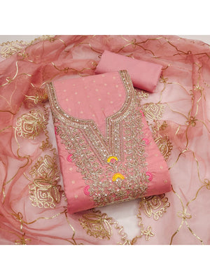 Peach Chanderi Dress Material Featuring Intricate Thread Embroidery - Image 1