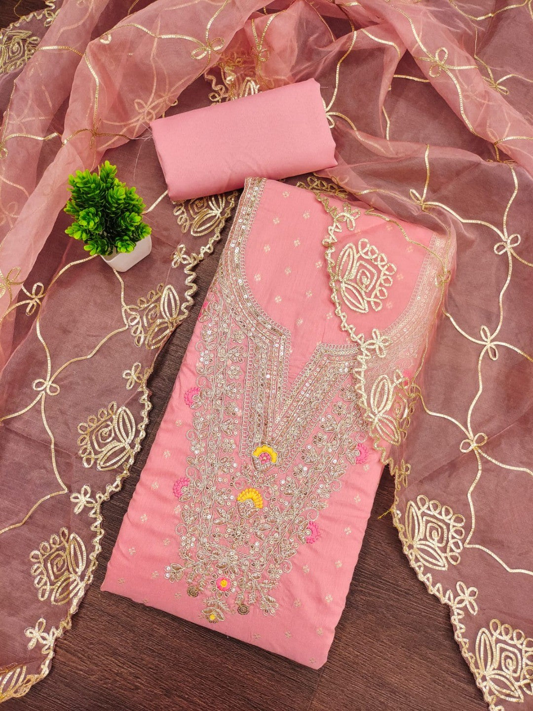 Peach Chanderi Dress Material Featuring Intricate Thread Embroidery - Image 5