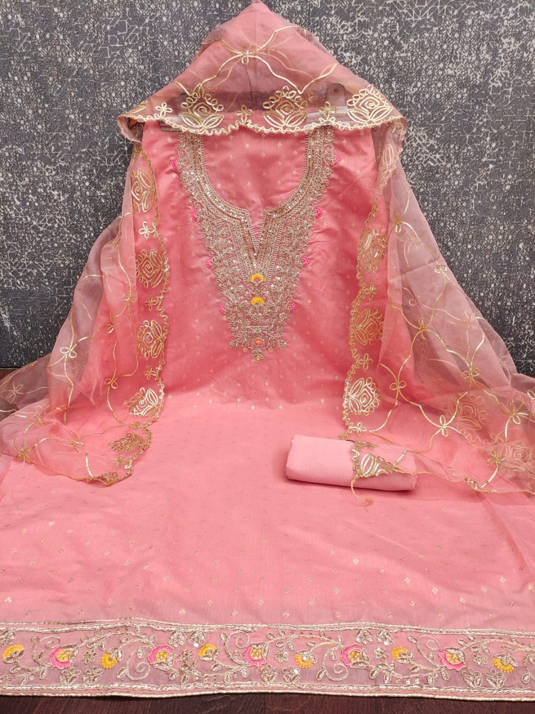 Peach Chanderi Dress Material Featuring Intricate Thread Embroidery - Image 4