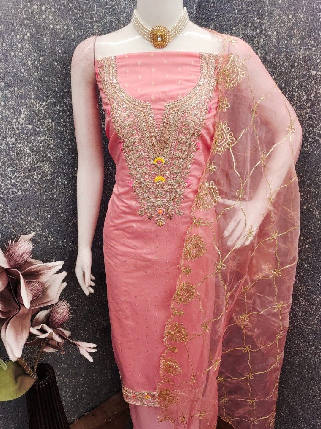 Peach Chanderi Dress Material Featuring Intricate Thread Embroidery - Image 3