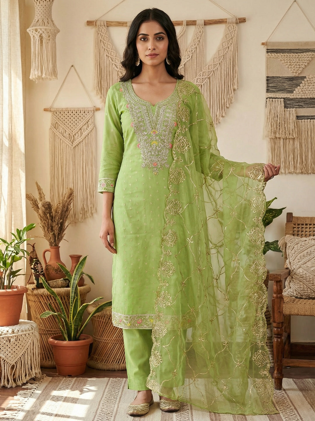 Green Chanderi Dress Material Featuring Intricate Thread Embroidery - Image 2