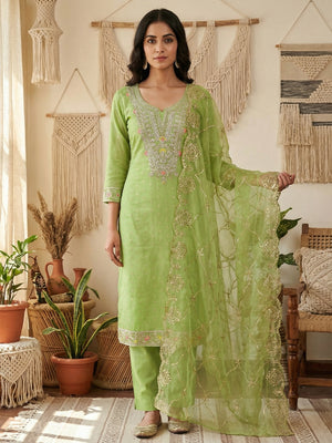 Green Chanderi Dress Material Featuring Intricate Thread Embroidery - Image 2