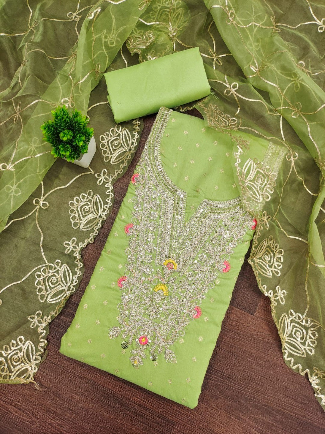 Green Chanderi Dress Material Featuring Intricate Thread Embroidery - Image 1