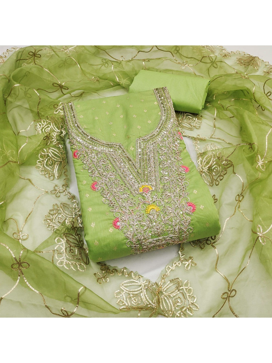 Green Chanderi Dress Material Featuring Intricate Thread Embroidery - Image 3