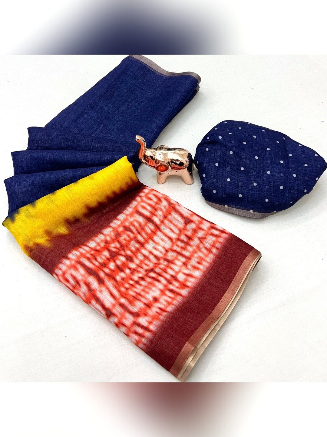 Elegant Navy Blue Linen Saree with Tie-Dye Accent - Image 2