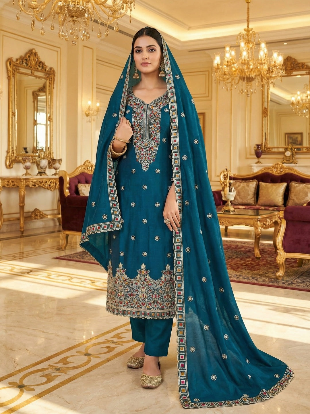 Teal Thread Embroidered Vichitra Silk Dress Material - Image 1