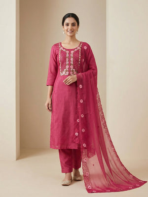 Pink Shimmer Dress Material with Floral Embroidery and Dupatta - Image 2