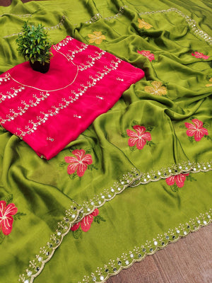 Green & Pink Floral Thread Work Saree Viscose Beautiful Mirror Border Festive Glamour - Image 1
