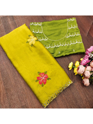 Yellow & Green Floral Thread Work Saree Viscose Beautiful Mirror Border Festive Glamour - Image 2