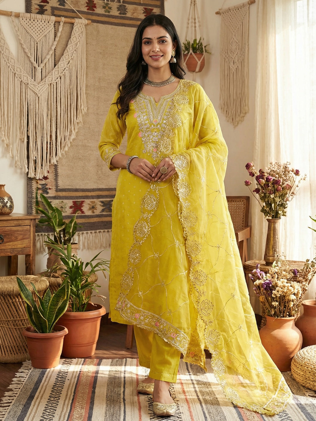Lemon Yellow Chanderi Dress Material Featuring Intricate Thread Embroidery - Image 1