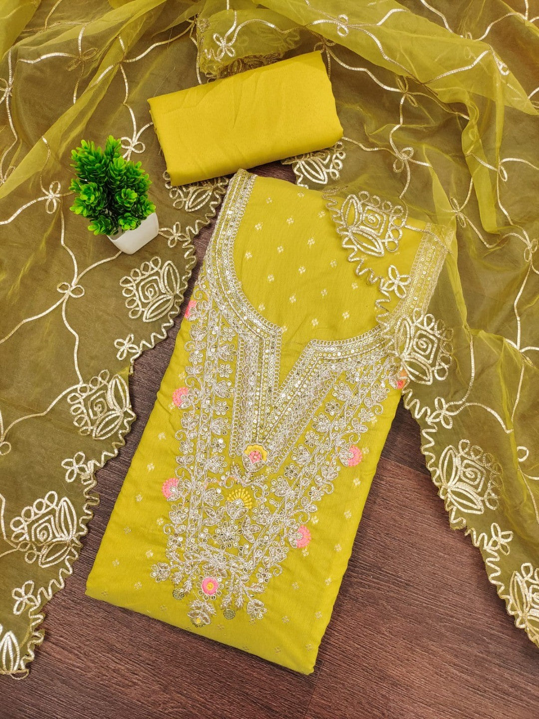 Lemon Yellow Chanderi Dress Material Featuring Intricate Thread Embroidery - Image 2