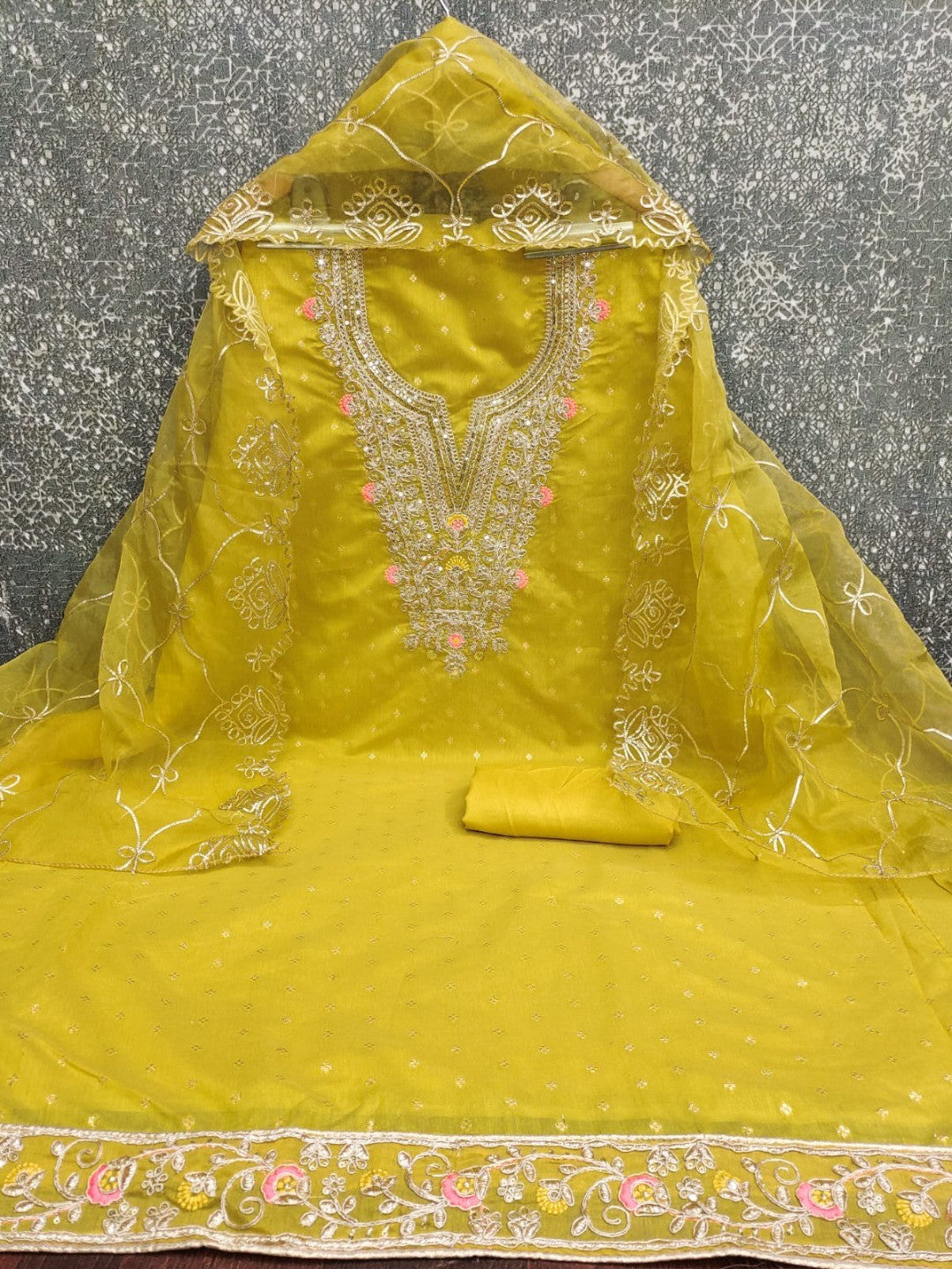 Lemon Yellow Chanderi Dress Material Featuring Intricate Thread Embroidery - Image 3