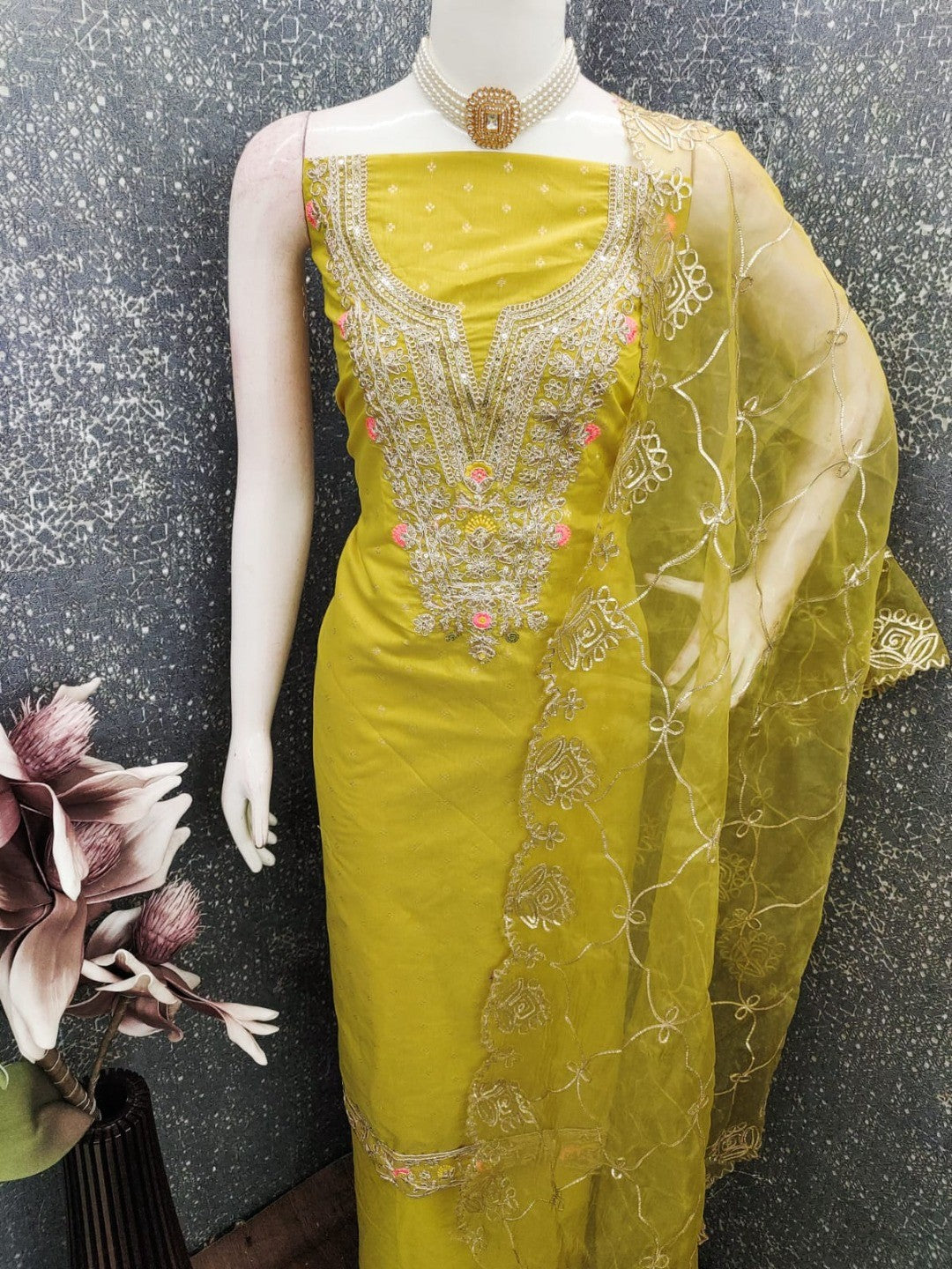 Lemon Yellow Chanderi Dress Material Featuring Intricate Thread Embroidery - Image 4