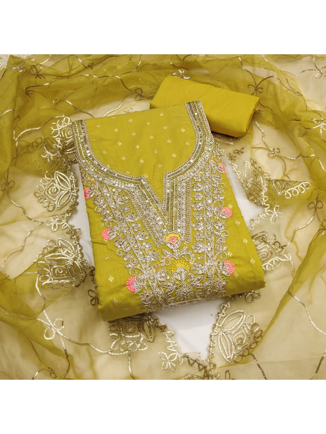 Lemon Yellow Chanderi Dress Material Featuring Intricate Thread Embroidery - Image 1