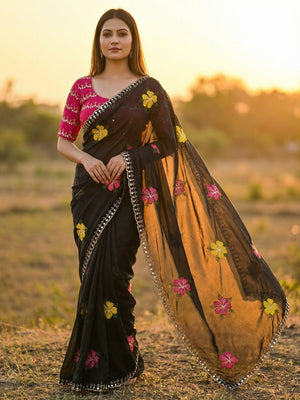 Black & Pink Floral Thread Work Saree Viscose Beautiful Mirror Border Festive Glamour - Image 1