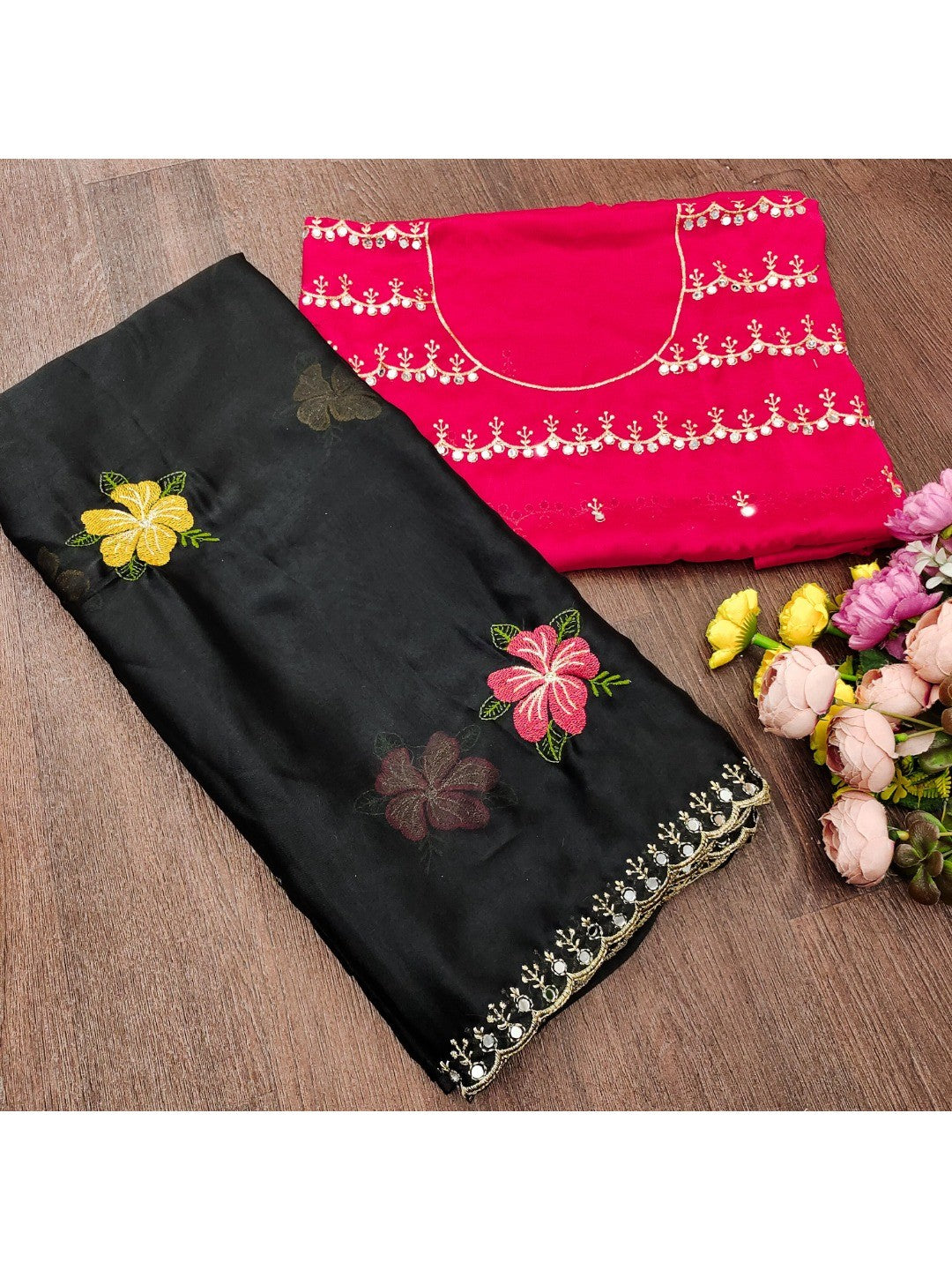 Black & Pink Floral Thread Work Saree Viscose Beautiful Mirror Border Festive Glamour - Image 2