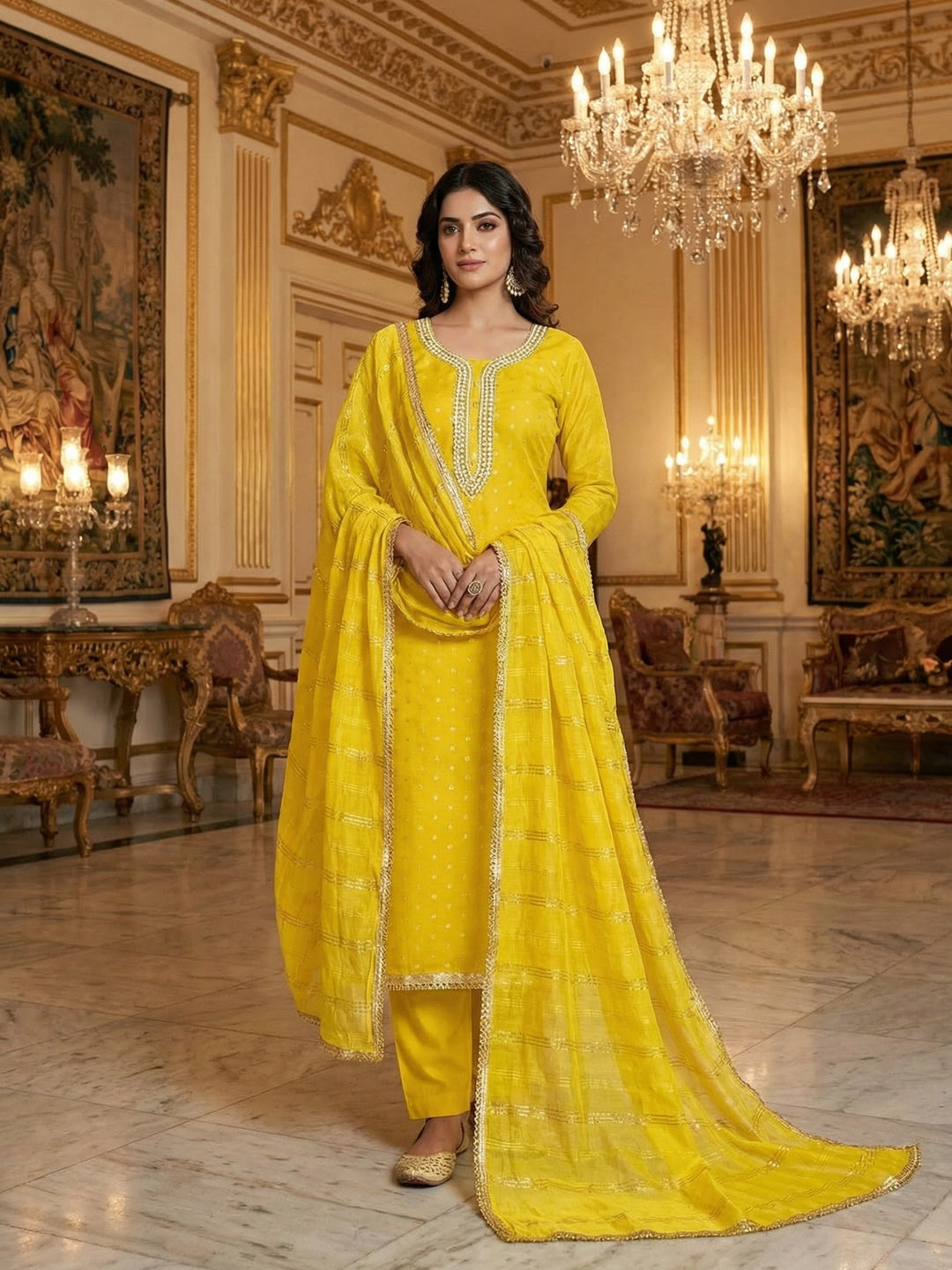 Yellow Chanderi Thread Work Embroidered Dress Material for Festive Wear - Image 2