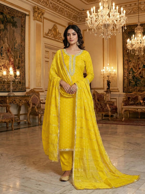 Yellow Chanderi Thread Work Embroidered Dress Material for Festive Wear - Image 2