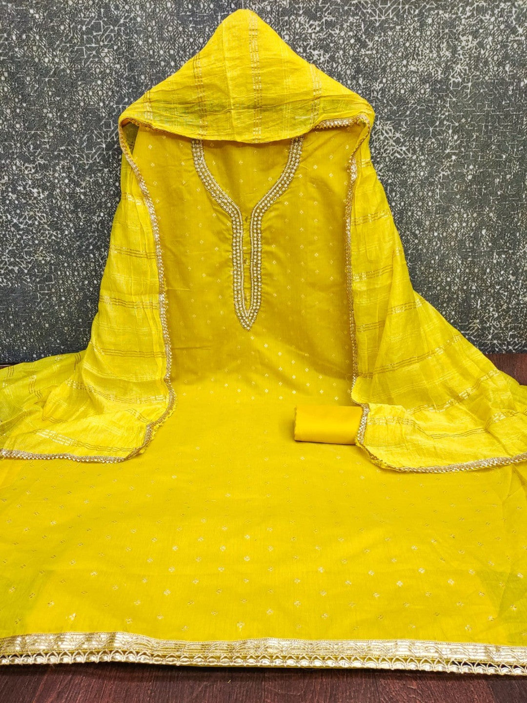 Yellow Chanderi Thread Work Embroidered Dress Material for Festive Wear - Image 3