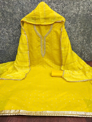 Yellow Chanderi Thread Work Embroidered Dress Material for Festive Wear - Image 2