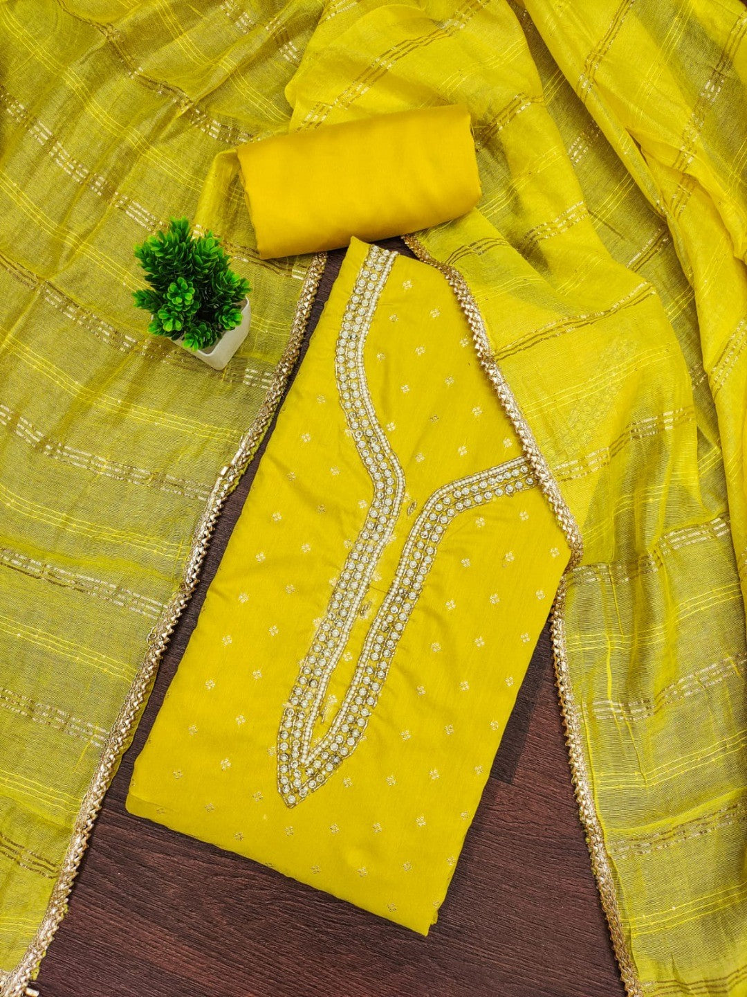 Yellow Chanderi Thread Work Embroidered Dress Material for Festive Wear - Image 4