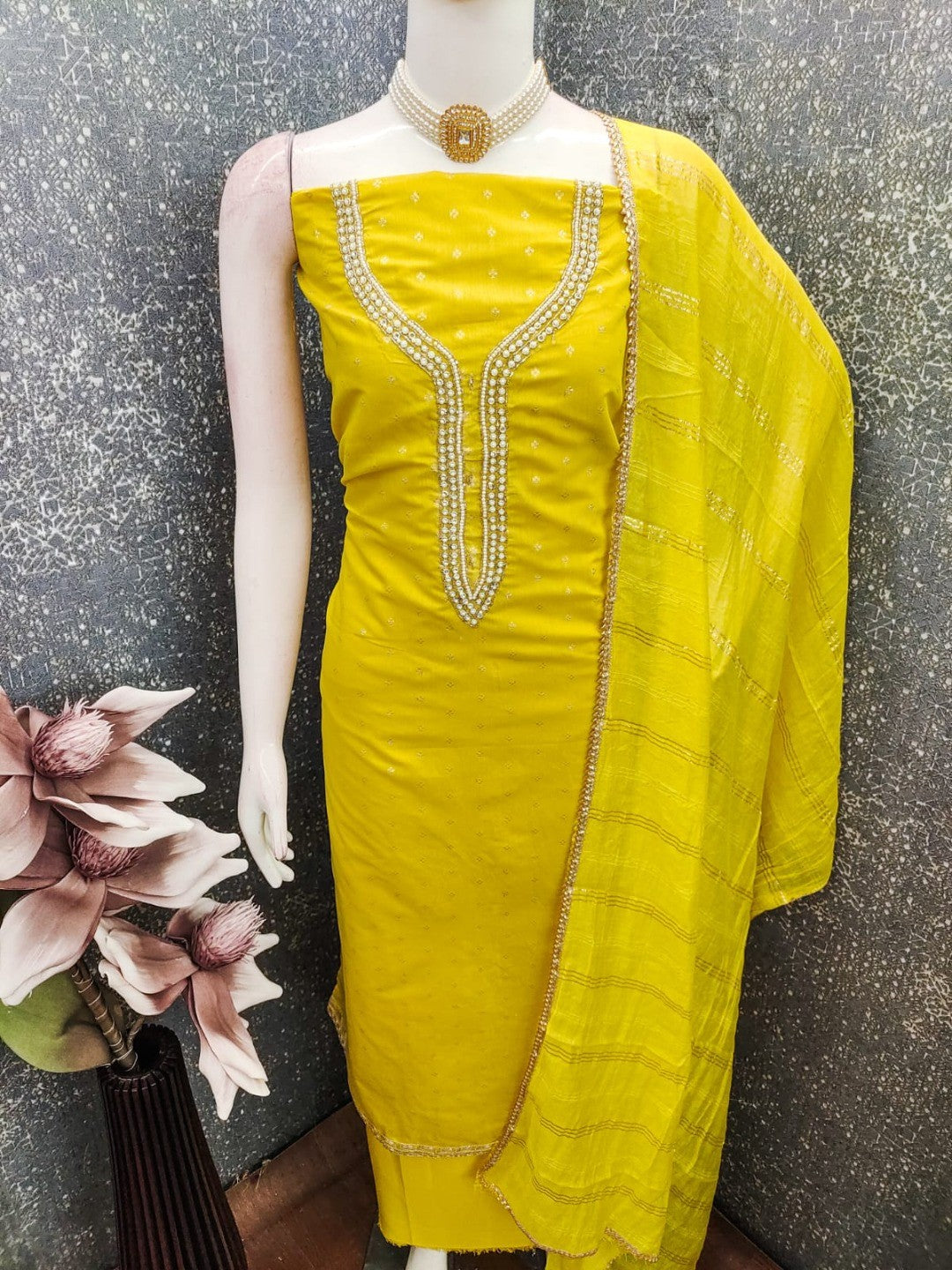 Yellow Chanderi Thread Work Embroidered Dress Material for Festive Wear - Image 5