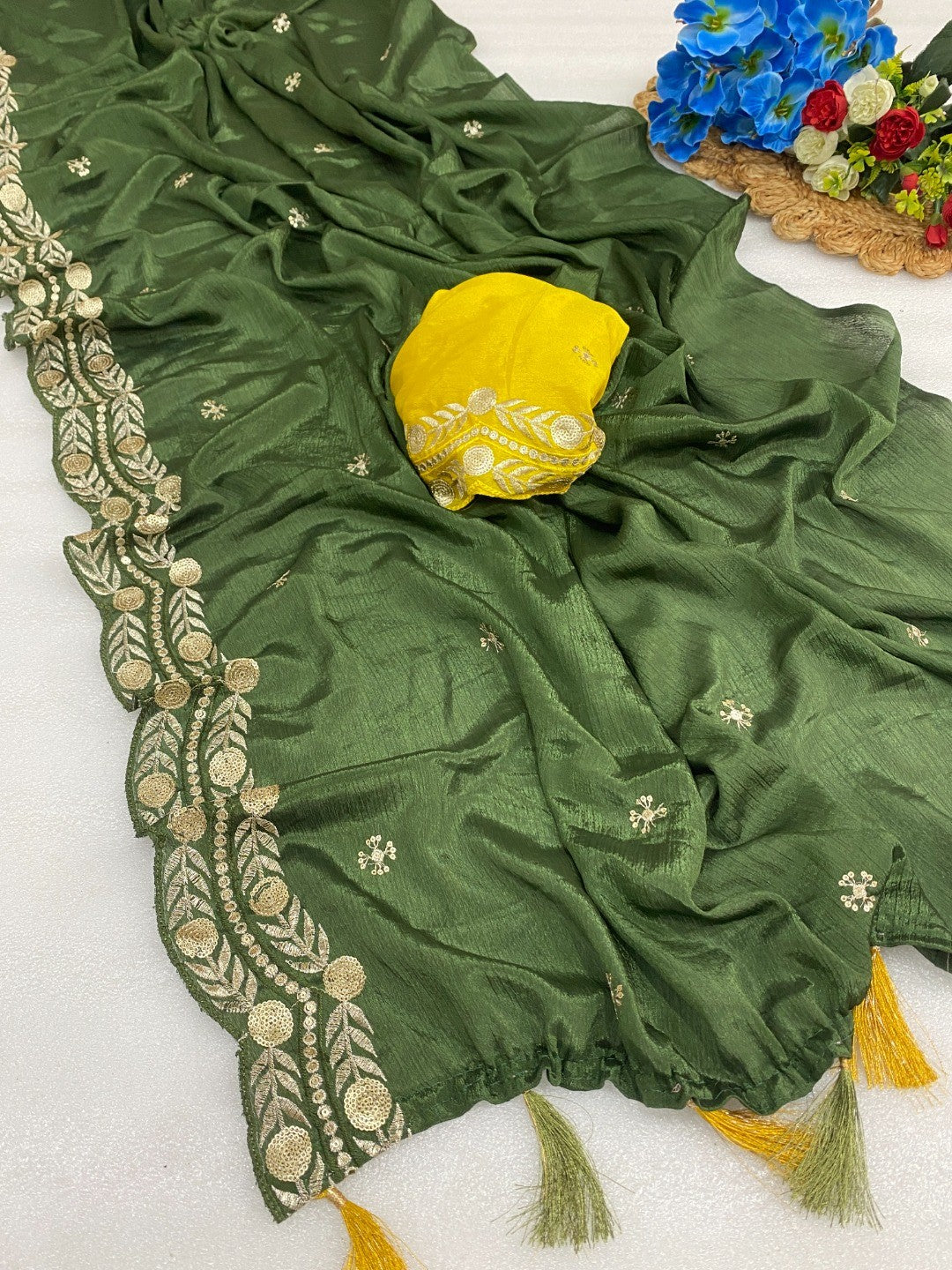 Charming Green Georgette Saree Enhanced With Intricate Floral Sequins Embroidery - Image 1