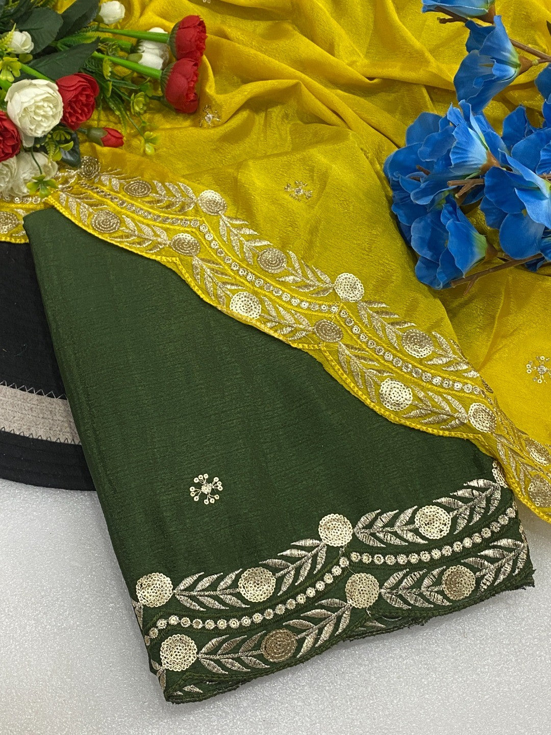 Charming Green Georgette Saree Enhanced With Intricate Floral Sequins Embroidery - Image 2