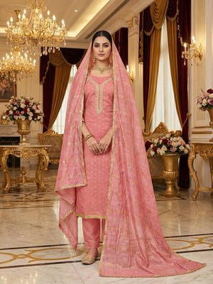 Peach Chanderi Thread Work Embroidered Dress Material for Festive Wear - Image 2