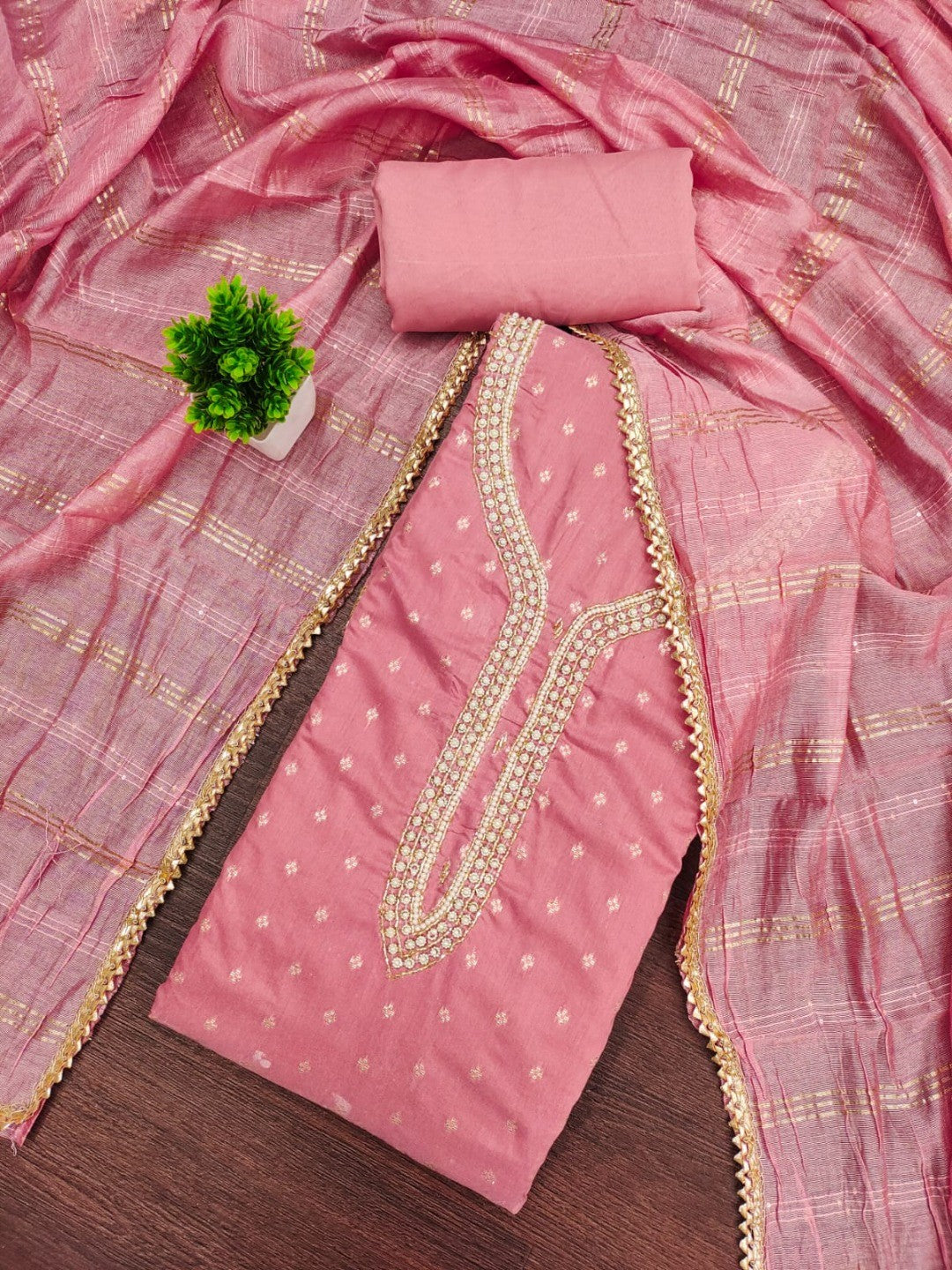 Peach Chanderi Thread Work Embroidered Dress Material for Festive Wear - Image 4