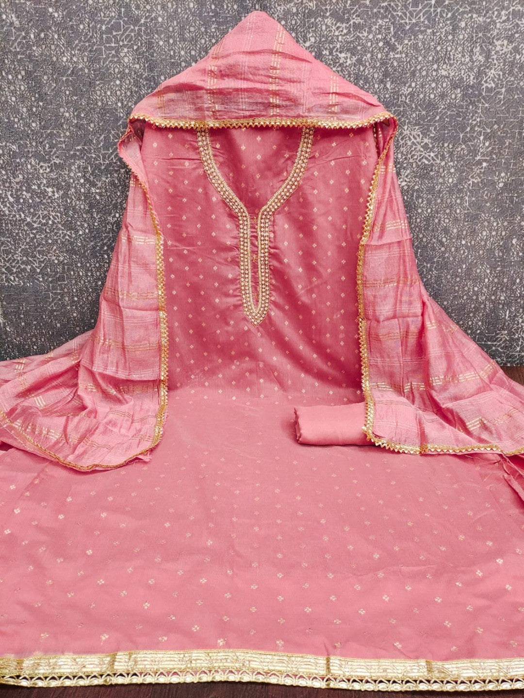 Peach Chanderi Thread Work Embroidered Dress Material for Festive Wear - Image 5
