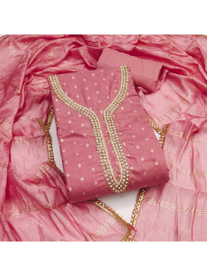 Peach Chanderi Thread Work Embroidered Dress Material for Festive Wear - Image 1