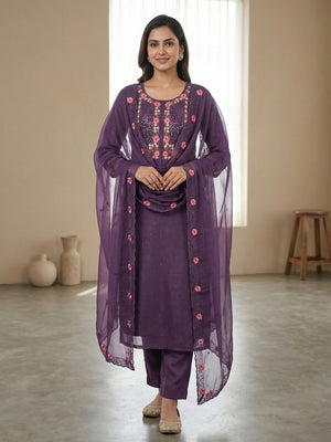 Purple Shimmer Dress Material with Floral Embroidery and Dupatta - Image 2