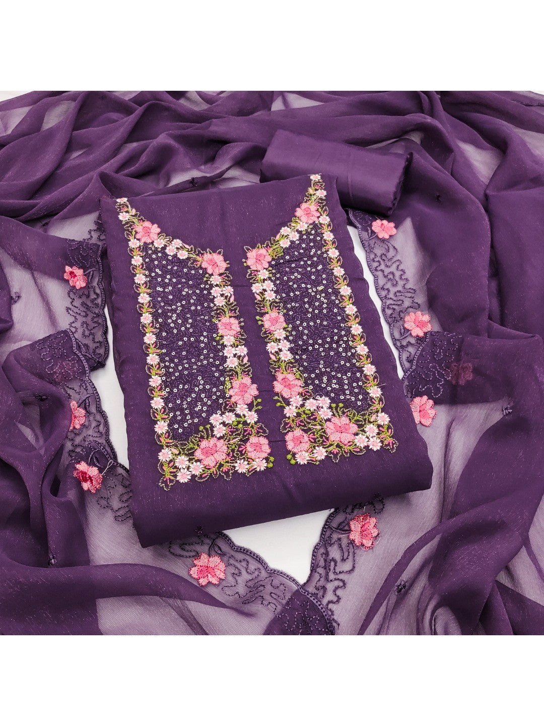 Purple Shimmer Dress Material with Floral Embroidery and Dupatta - Image 1