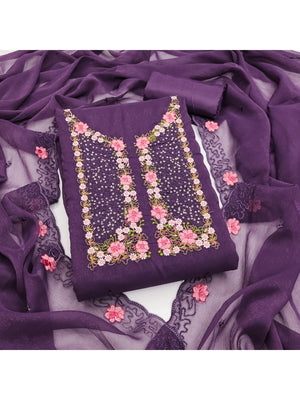 Purple Shimmer Dress Material with Floral Embroidery and Dupatta - Image 1