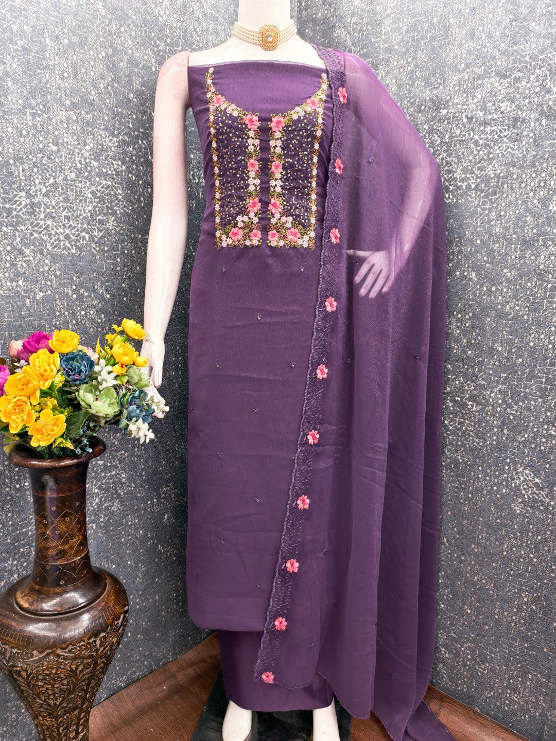 Purple Shimmer Dress Material with Floral Embroidery and Dupatta - Image 4