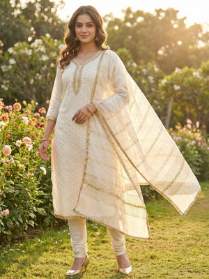 Off White Chanderi Thread Work Embroidered Dress Material for Festive Wear - Image 2