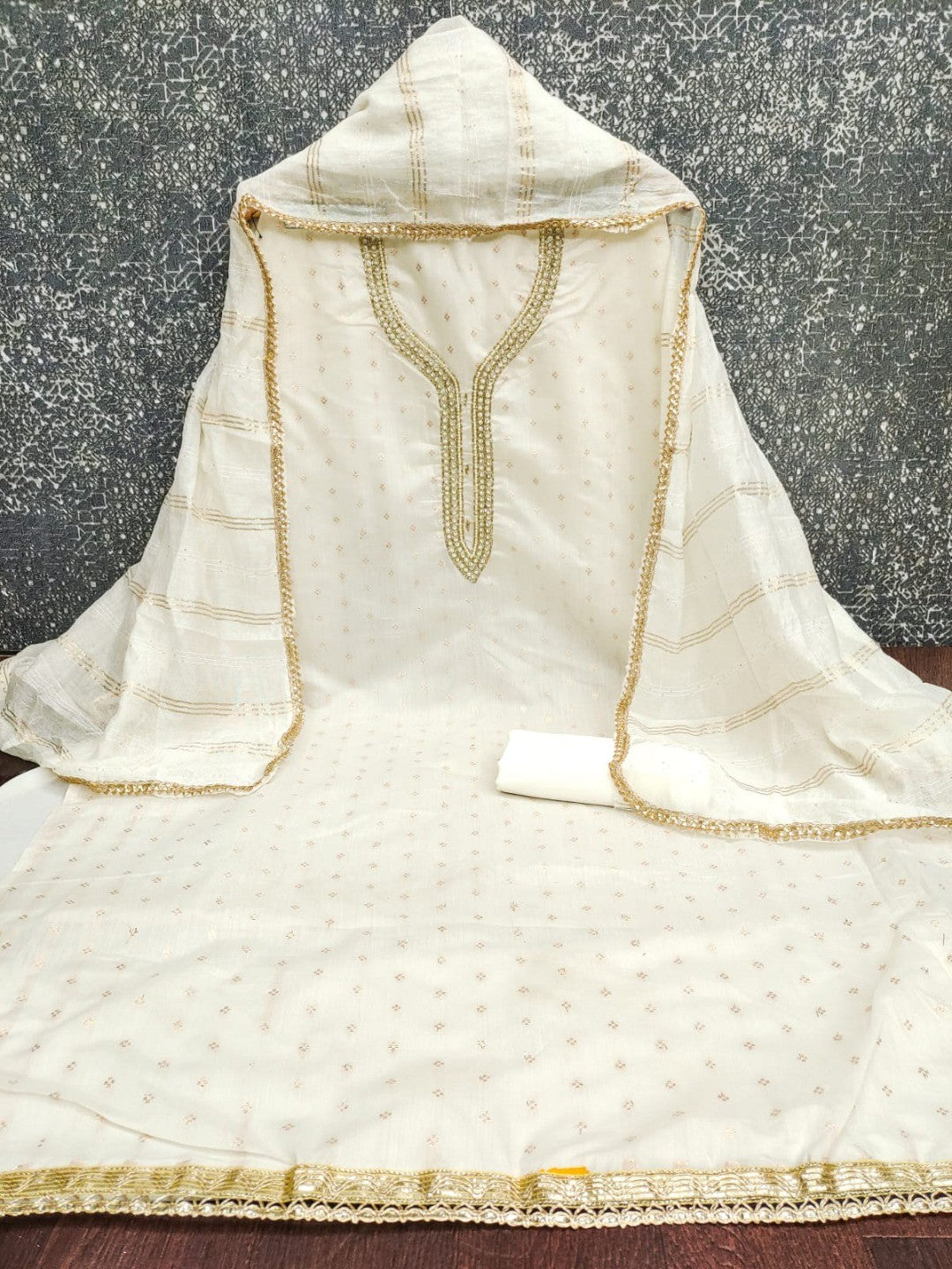 Off White Chanderi Thread Work Embroidered Dress Material for Festive Wear - Image 3