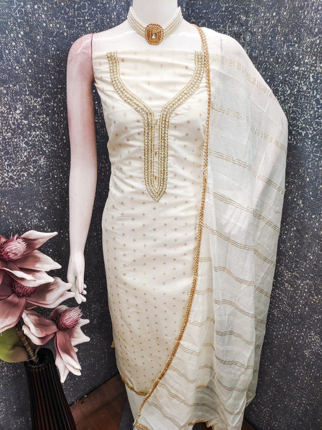 Off White Chanderi Thread Work Embroidered Dress Material for Festive Wear - Image 4